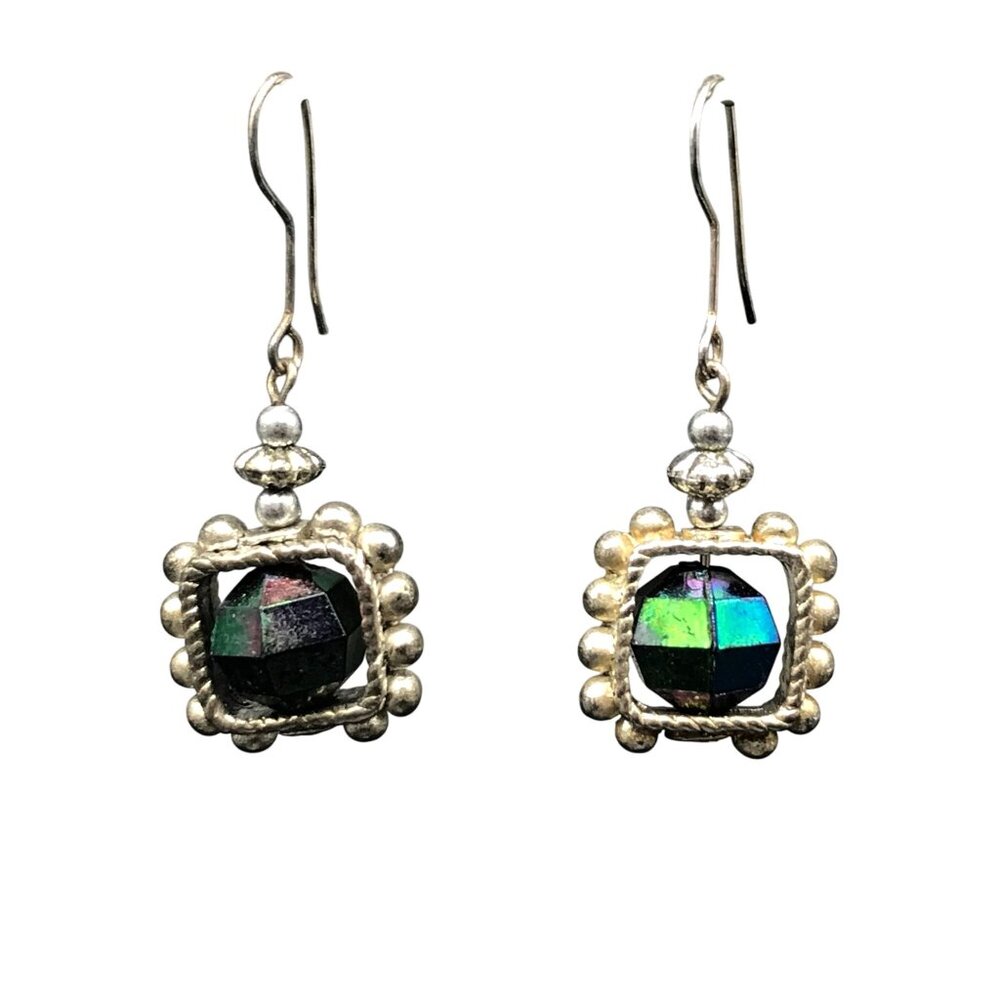 Vintage Etruscan Revival Spin Bead Earrings, Silver Tone Orbital Square Dangle